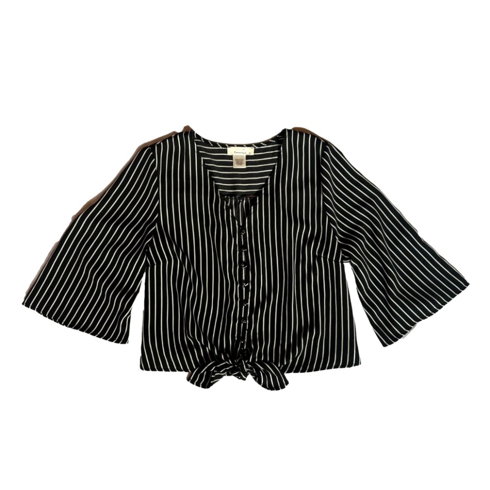 Black & White Stripes Silver Button Detail Front Tie Top
